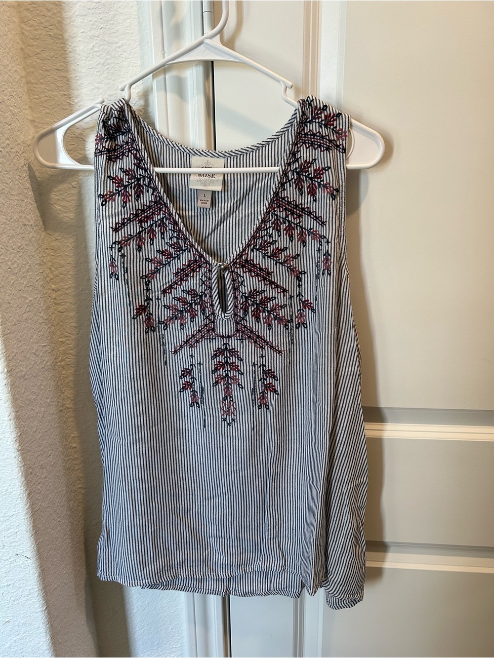 Knox Rose Navy Stripe Tank Top with Pink Embroidery